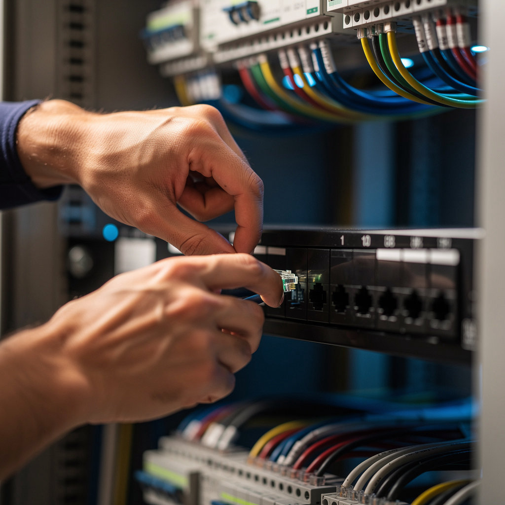 Golden Telecom Inc expert technician installing low voltage cabling and telecommunications systems for a San Marcos business