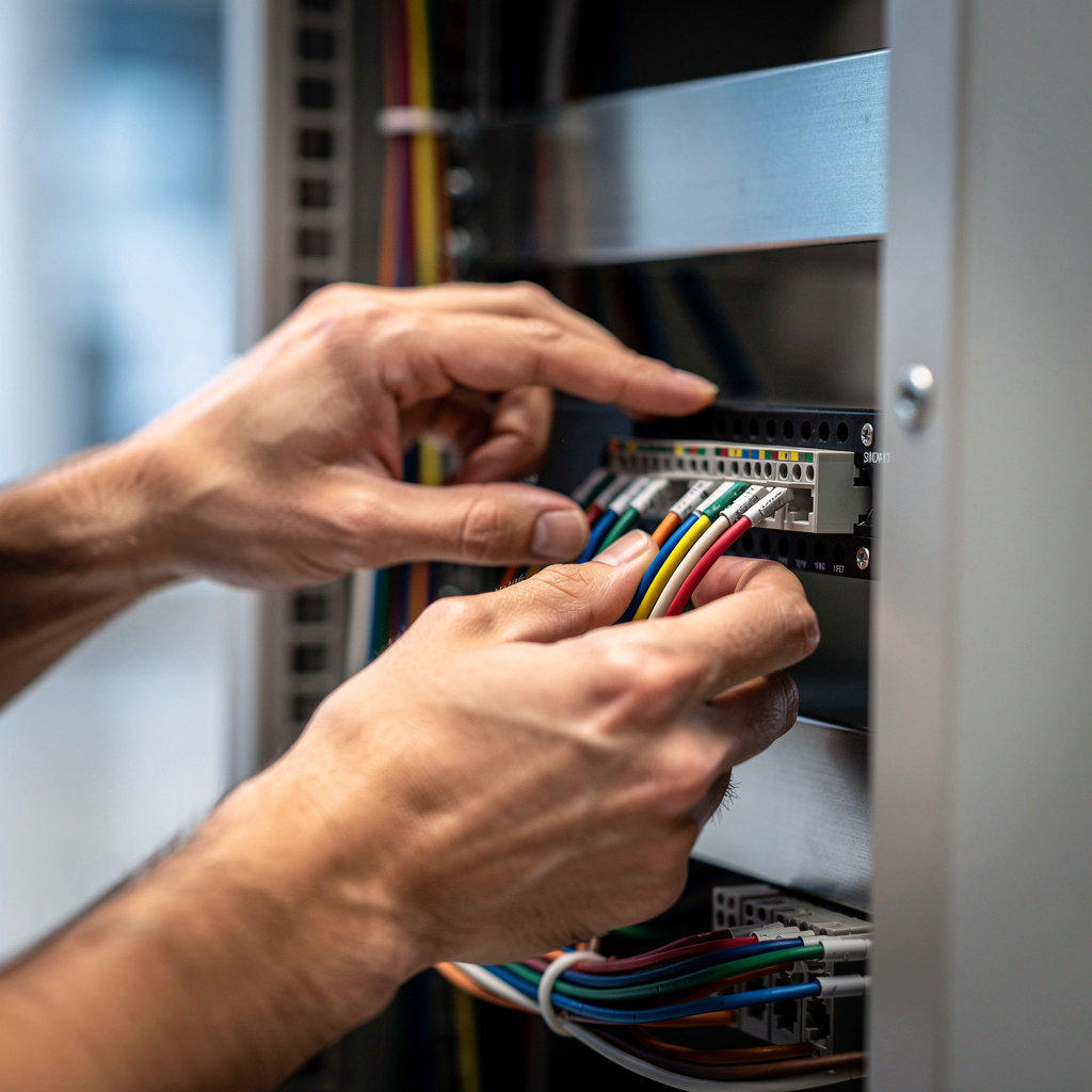 Golden Telecom Inc expert technician installing low voltage cabling and telecommunications systems for a San Marcos business